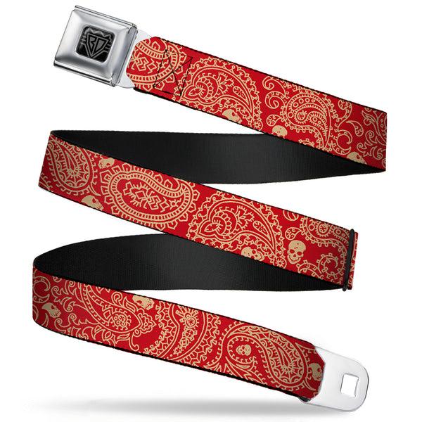 buckle down BD Wings Logo CLOSE-UP Full Color Black Silver Seatbelt Belt - Bandana/Skulls Scarlet Red/Gold Webbing