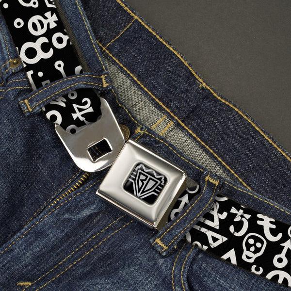 Buckle Down BD Wings Logo CLOSE-UP Full Color Black Silver Seatbelt Belt - Alchemy Symbols Scattered Black/White Webbing