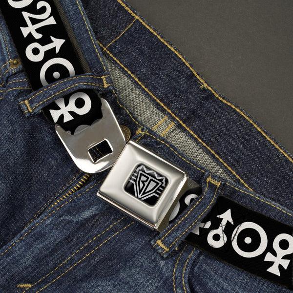 Buckle Down BD Wings Logo CLOSE-UP Full Color Black Silver Seatbelt Belt - Alchemy Symbols Black/White Webbing