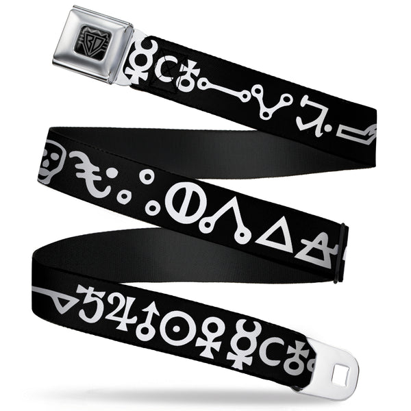 buckle down BD Wings Logo CLOSE-UP Full Color Black Silver Seatbelt Belt - Alchemy Symbols Black/White Webbing