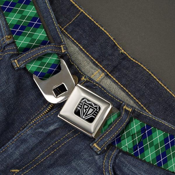 Buckle Down BD Wings Logo CLOSE-UP Full Color Black Silver Seatbelt Belt - Argyle Green/Navy/Green/White Webbing