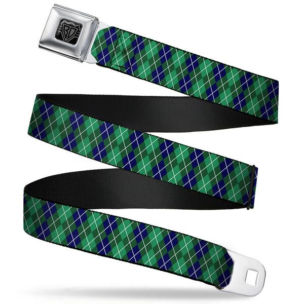 buckle down BD Wings Logo CLOSE-UP Full Color Black Silver Seatbelt Belt - Argyle Green/Navy/Green/White Webbing