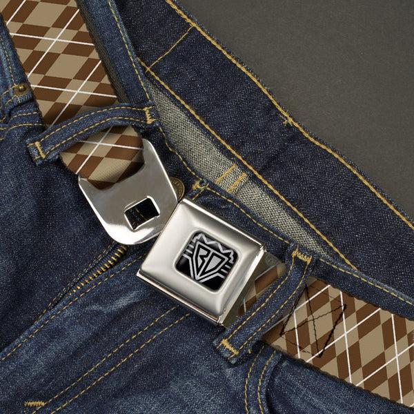 Buckle Down BD Wings Logo CLOSE-UP Full Color Black Silver Seatbelt Belt - Argyle Tan/Brown/White Webbing