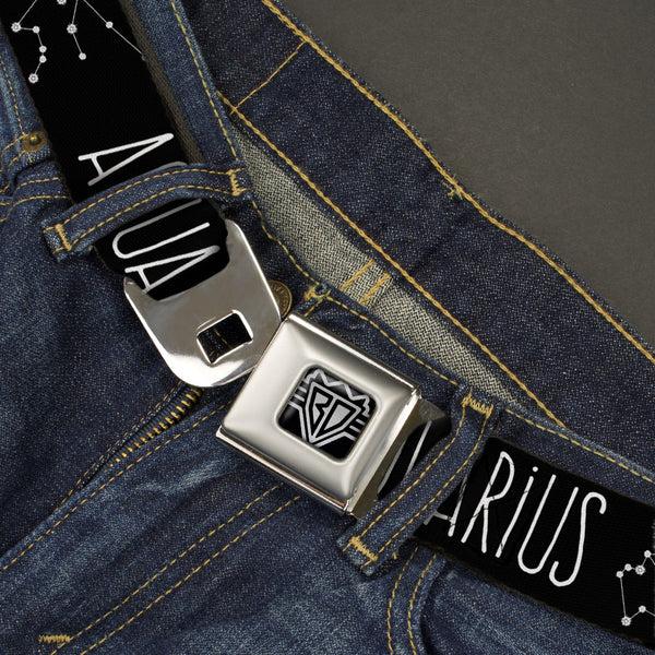 Buckle Down BD Wings Logo CLOSE-UP Full Color Black Silver Seatbelt Belt - Zodiac AQUARIUS/Constellation Black/White Webbing