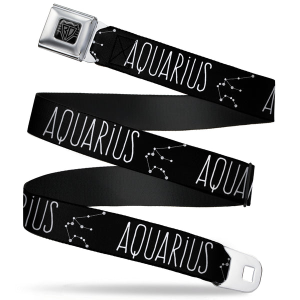 buckle down BD Wings Logo CLOSE-UP Full Color Black Silver Seatbelt Belt - Zodiac AQUARIUS/Constellation Black/White Webbing