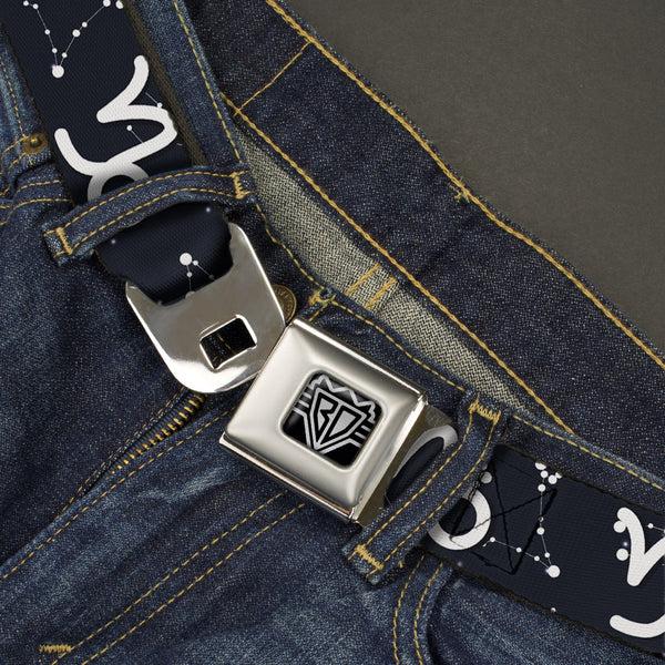 Buckle Down BD Wings Logo CLOSE-UP Full Color Black Silver Seatbelt Belt - Zodiac Capricorn Symbol/Constellations Black/White Webbing