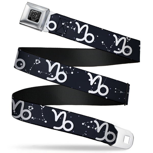 buckle down BD Wings Logo CLOSE-UP Full Color Black Silver Seatbelt Belt - Zodiac Capricorn Symbol/Constellations Black/White Webbing