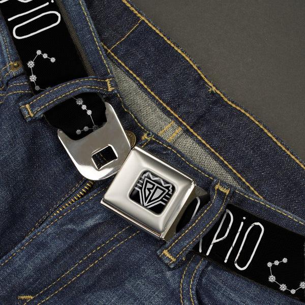Buckle Down BD Wings Logo CLOSE-UP Full Color Black Silver Seatbelt Belt - Zodiac SCORPIO/Constellation Black/White Webbing