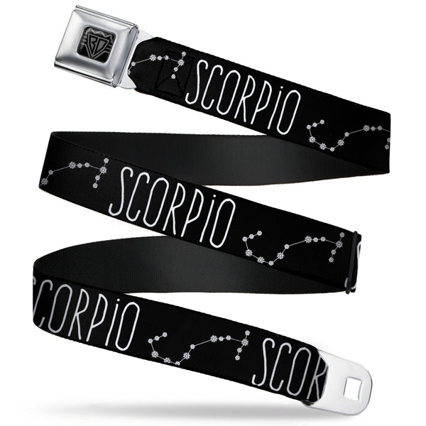 buckle down BD Wings Logo CLOSE-UP Full Color Black Silver Seatbelt Belt - Zodiac SCORPIO/Constellation Black/White Webbing