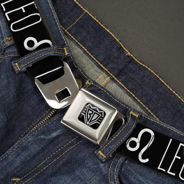 Buckle Down BD Wings Logo CLOSE-UP Full Color Black Silver Seatbelt Belt - Zodiac LEO/Symbol Black/White Webbing