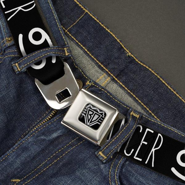Buckle Down BD Wings Logo CLOSE-UP Full Color Black Silver Seatbelt Belt - Zodiac CANCER/Symbol Black/White Webbing