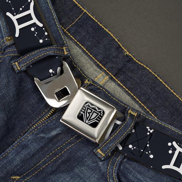 Buckle Down BD Wings Logo CLOSE-UP Full Color Black Silver Seatbelt Belt - Zodiac Gemini Symbol/Constellations Black/White Webbing