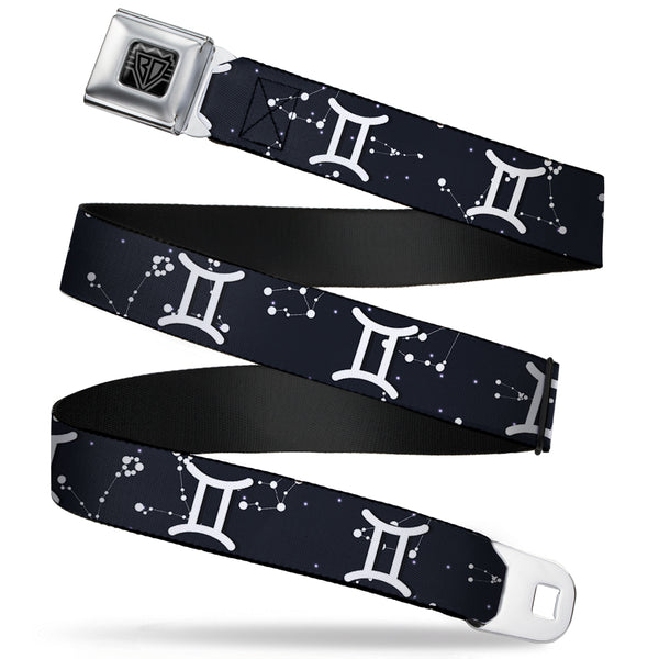 buckle down BD Wings Logo CLOSE-UP Full Color Black Silver Seatbelt Belt - Zodiac Gemini Symbol/Constellations Black/White Webbing
