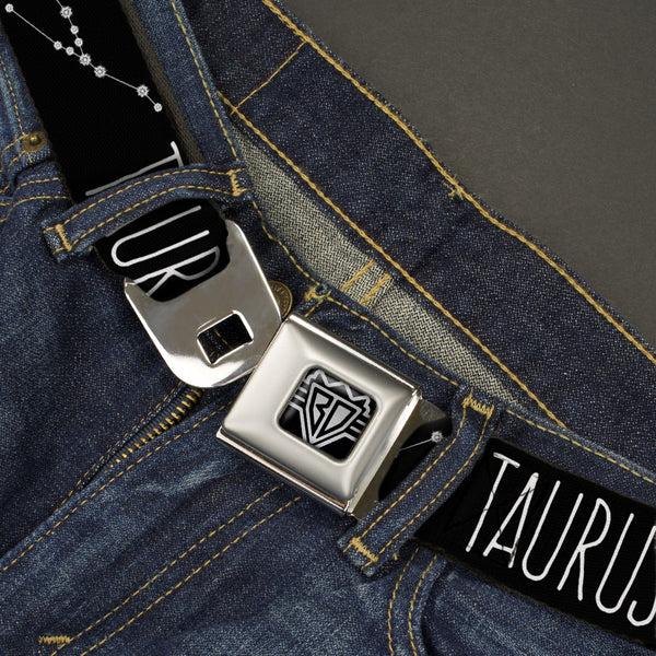 Buckle Down BD Wings Logo CLOSE-UP Full Color Black Silver Seatbelt Belt - Zodiac TAURUS/Constellation Black/White Webbing