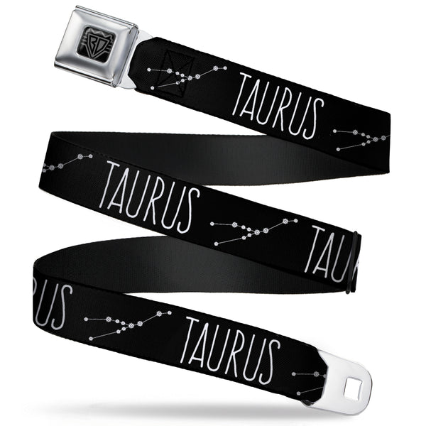 buckle down BD Wings Logo CLOSE-UP Full Color Black Silver Seatbelt Belt - Zodiac TAURUS/Constellation Black/White Webbing