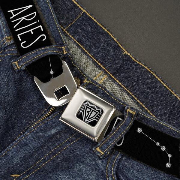 Buckle Down BD Wings Logo CLOSE-UP Full Color Black Silver Seatbelt Belt - Zodiac ARIES/Constellation Black/White Webbing