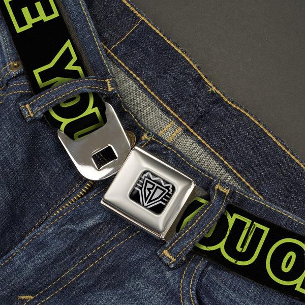 Buckle Down BD Wings Logo CLOSE-UP Full Color Black Silver Seatbelt Belt - YOU ONLY LIVE ONCE Black/Neon Green Webbing
