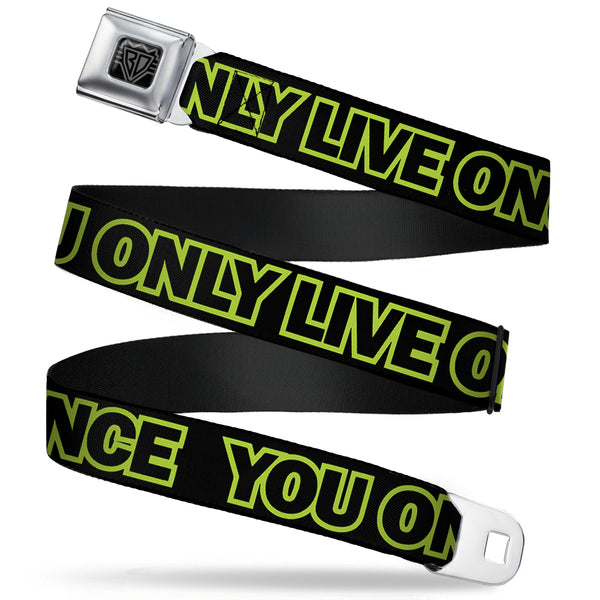 buckle down BD Wings Logo CLOSE-UP Full Color Black Silver Seatbelt Belt - YOU ONLY LIVE ONCE Black/Neon Green Webbing