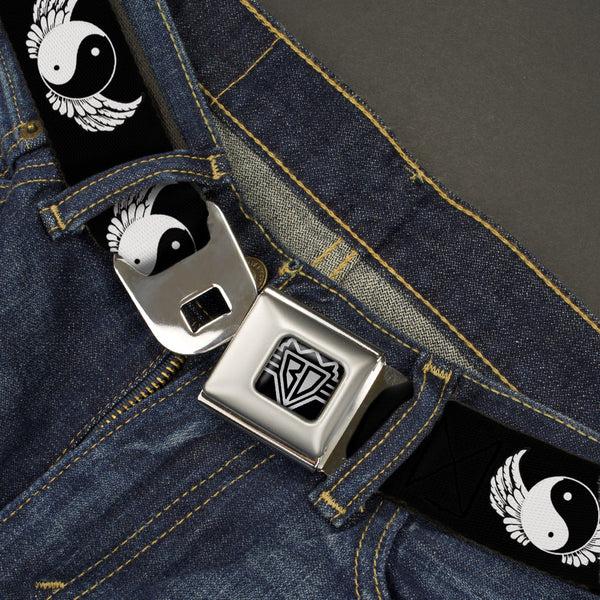 Buckle Down BD Wings Logo CLOSE-UP Full Color Black Silver Seatbelt Belt - Yin Yang W/Wings Black/White Webbing