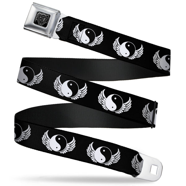 buckle down BD Wings Logo CLOSE-UP Full Color Black Silver Seatbelt Belt - Yin Yang w/Wings Black/White Webbing