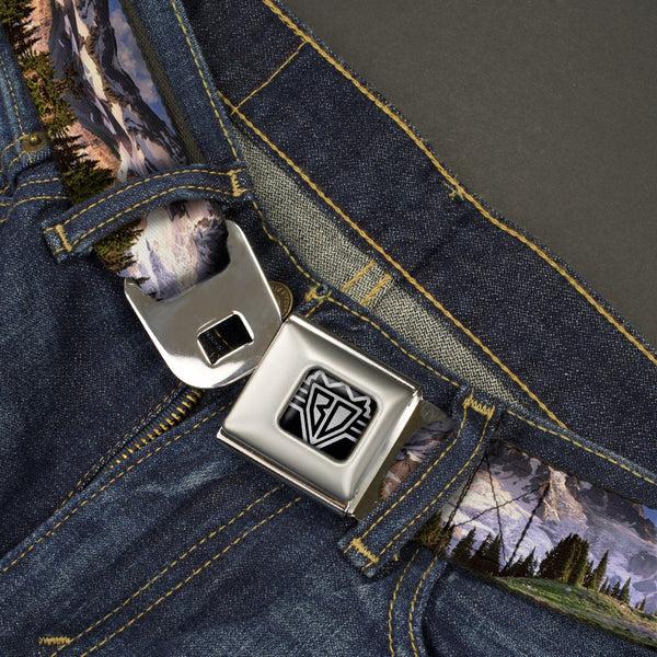 Buckle Down BD Wings Logo CLOSE-UP Full Color Black Silver Seatbelt Belt - Washington MT. RAINIER Valley Landscape Webbing