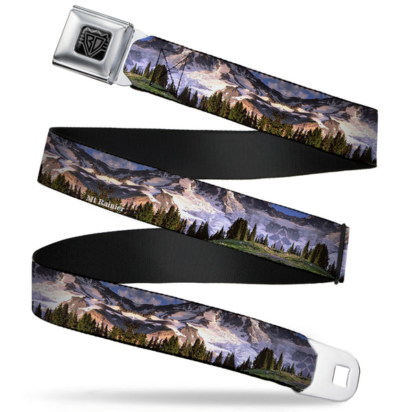 buckle down BD Wings Logo CLOSE-UP Full Color Black Silver Seatbelt Belt - Washington MT. RAINIER Valley Landscape Webbing
