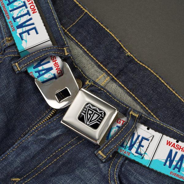 Buckle Down BD Wings Logo CLOSE-UP Full Color Black Silver Seatbelt Belt - Washington License Plate NATIVE Webbing