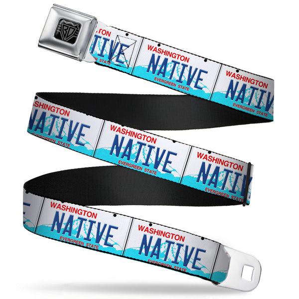 buckle down BD Wings Logo CLOSE-UP Full Color Black Silver Seatbelt Belt - Washington License Plate NATIVE Webbing