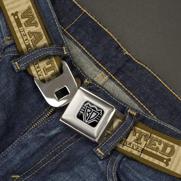 Buckle Down BD Wings Logo CLOSE-UP Full Color Black Silver Seatbelt Belt - WANTED-DEAD OR ALIVE/Star Tans Webbing