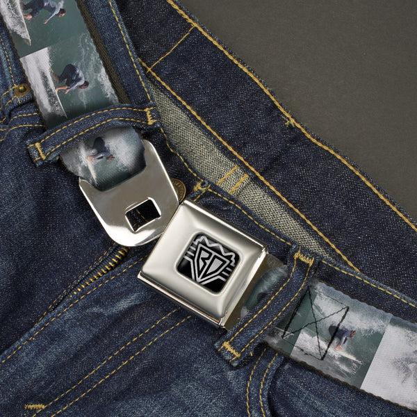 Buckle Down BD Wings Logo CLOSE-UP Full Color Black Silver Seatbelt Belt - Vivid Surfer Sequence Blocks Webbing