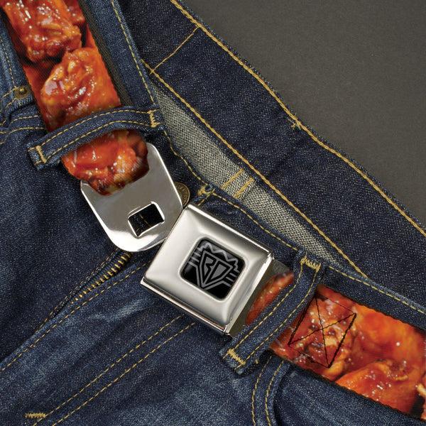 Buckle Down BD Wings Logo CLOSE-UP Full Color Black Silver Seatbelt Belt - Vivid Hot Wings Stacked Webbing