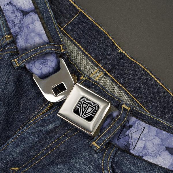 Buckle Down BD Wings Logo CLOSE-UP Full Color Black Silver Seatbelt Belt - Vivid Floral Collage2 Blues Webbing