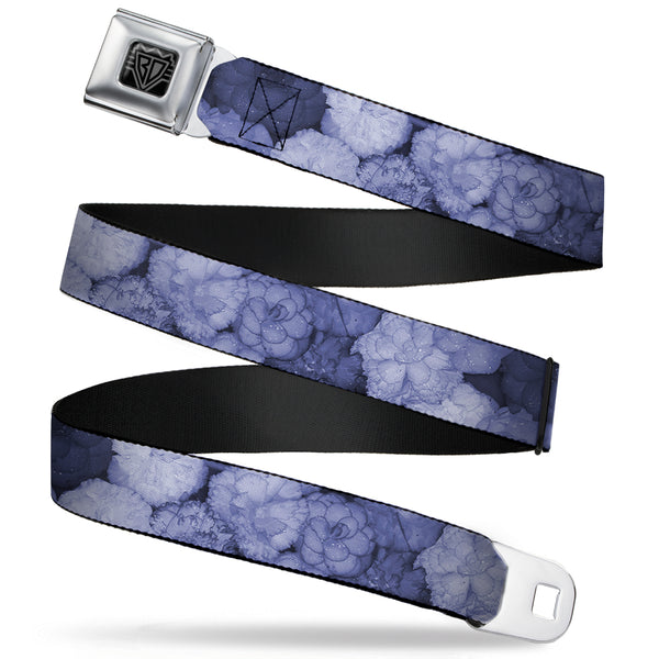 buckle down BD Wings Logo CLOSE-UP Full Color Black Silver Seatbelt Belt - Vivid Floral Collage2 Blues Webbing