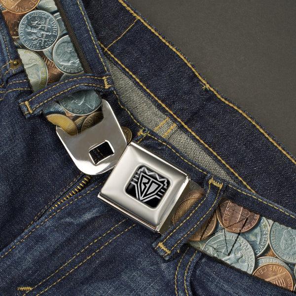 Buckle Down BD Wings Logo CLOSE-UP Full Color Black Silver Seatbelt Belt - US Coins Stacked Webbing
