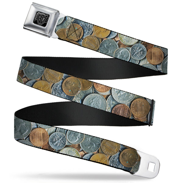 buckle down BD Wings Logo CLOSE-UP Full Color Black Silver Seatbelt Belt - US Coins Stacked Webbing
