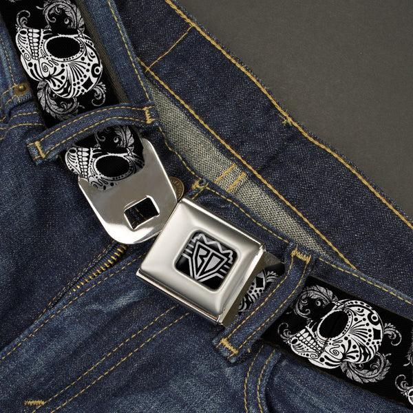 Buckle Down BD Wings Logo CLOSE-UP Full Color Black Silver Seatbelt Belt - Tattoo Skull Floral Black/White Webbing