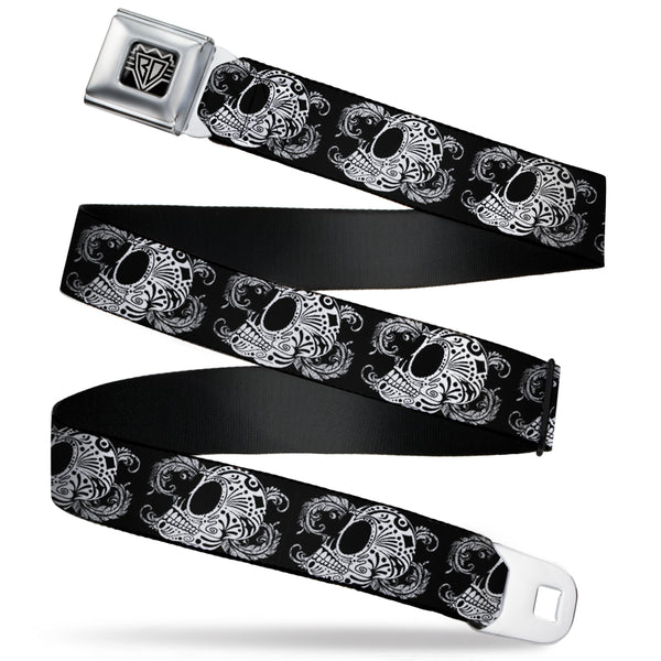 buckle down BD Wings Logo CLOSE-UP Full Color Black Silver Seatbelt Belt - Tattoo Skull Floral Black/White Webbing