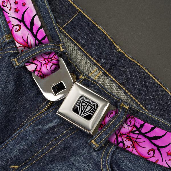 Buckle Down BD Wings Logo CLOSE-UP Full Color Black Silver Seatbelt Belt - TJ-Fairy Pink Swirl Webbing