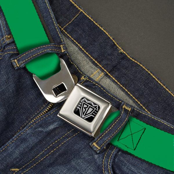 Buckle Down BD Wings Logo CLOSE-UP Full Color Black Silver Seatbelt Belt - St. Paddy Green Webbing