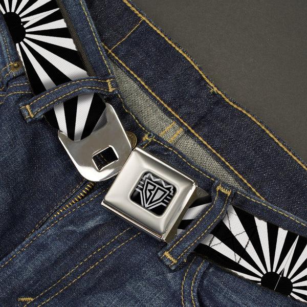 Buckle Down BD Wings Logo CLOSE-UP Full Color Black Silver Seatbelt Belt - Rising Sun White/Black Webbing