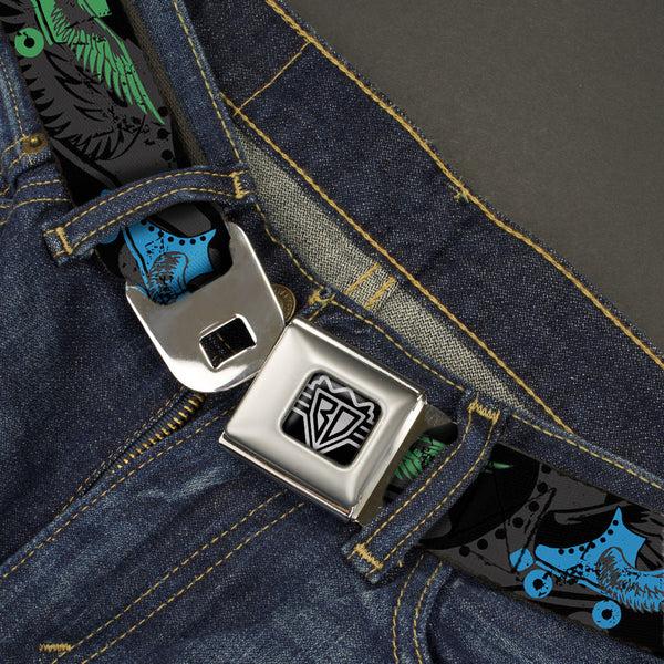 Buckle Down BD Wings Logo CLOSE-UP Full Color Black Silver Seatbelt Belt - Roller Skates Black/Gray/Multi Color Webbing