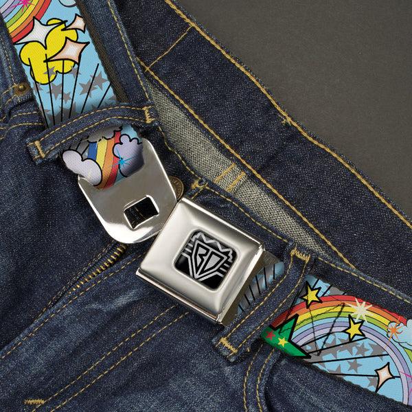 Buckle Down BD Wings Logo CLOSE-UP Full Color Black Silver Seatbelt Belt - Rainbow Cloud Stars Baby Blue Webbing