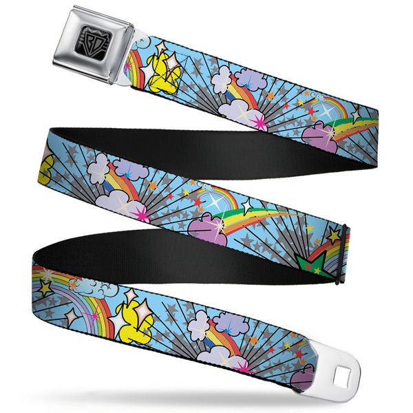 buckle down BD Wings Logo CLOSE-UP Full Color Black Silver Seatbelt Belt - Rainbow Cloud Stars Baby Blue Webbing