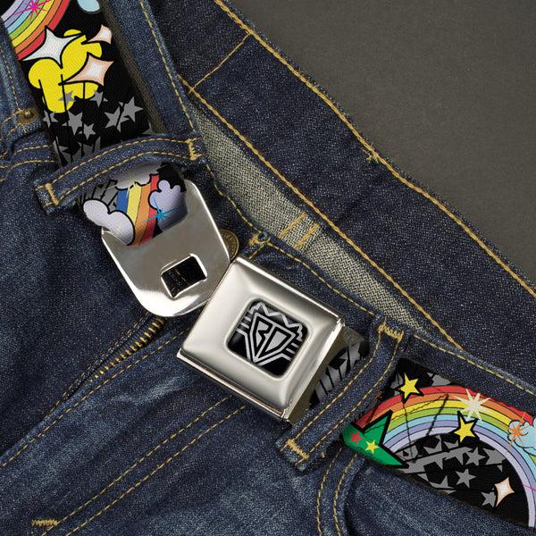 Buckle Down BD Wings Logo CLOSE-UP Full Color Black Silver Seatbelt Belt - Rainbow Cloud Stars Black Webbing