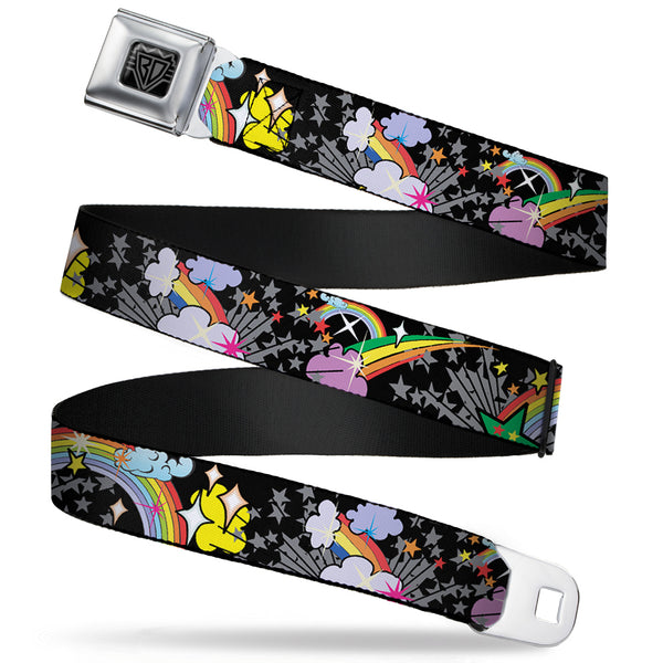 buckle down BD Wings Logo CLOSE-UP Full Color Black Silver Seatbelt Belt - Rainbow Cloud Stars Black Webbing