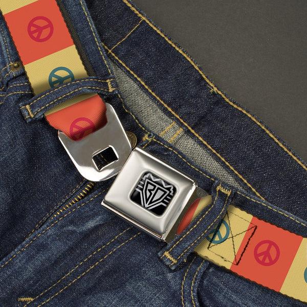 Buckle Down BD Wings Logo CLOSE-UP Full Color Black Silver Seatbelt Belt - Peace Blocks Red/Yellow/Blue Webbing