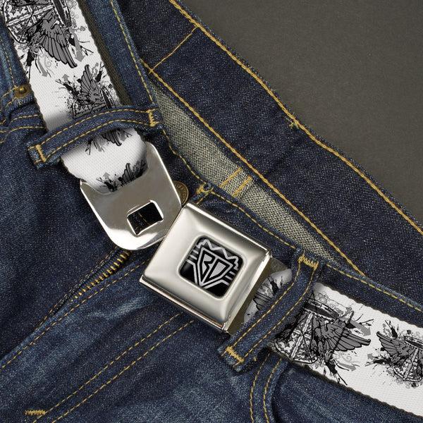 Buckle Down BD Wings Logo CLOSE-UP Full Color Black Silver Seatbelt Belt - Phoenix Shield White Webbing