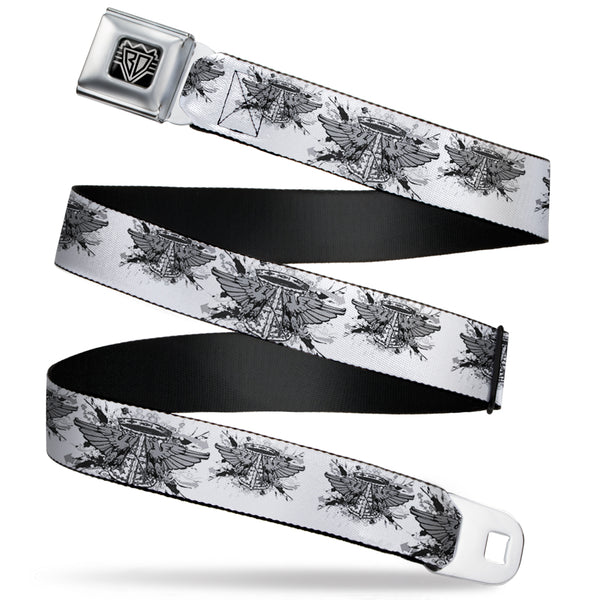 buckle down BD Wings Logo CLOSE-UP Full Color Black Silver Seatbelt Belt - Phoenix Shield White Webbing