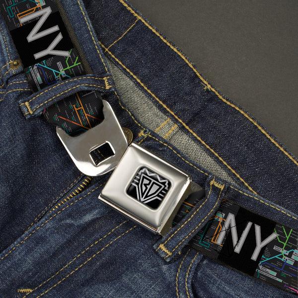Buckle Down BD Wings Logo CLOSE-UP Full Color Black Silver Seatbelt Belt - New York Subway Webbing
