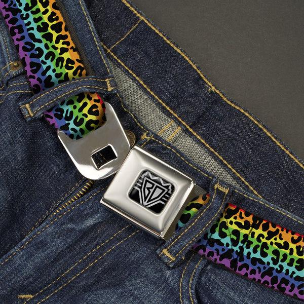 Buckle Down BD Wings Logo CLOSE-UP Full Color Black Silver Seatbelt Belt - Leopard Rainbow/Black Webbing
